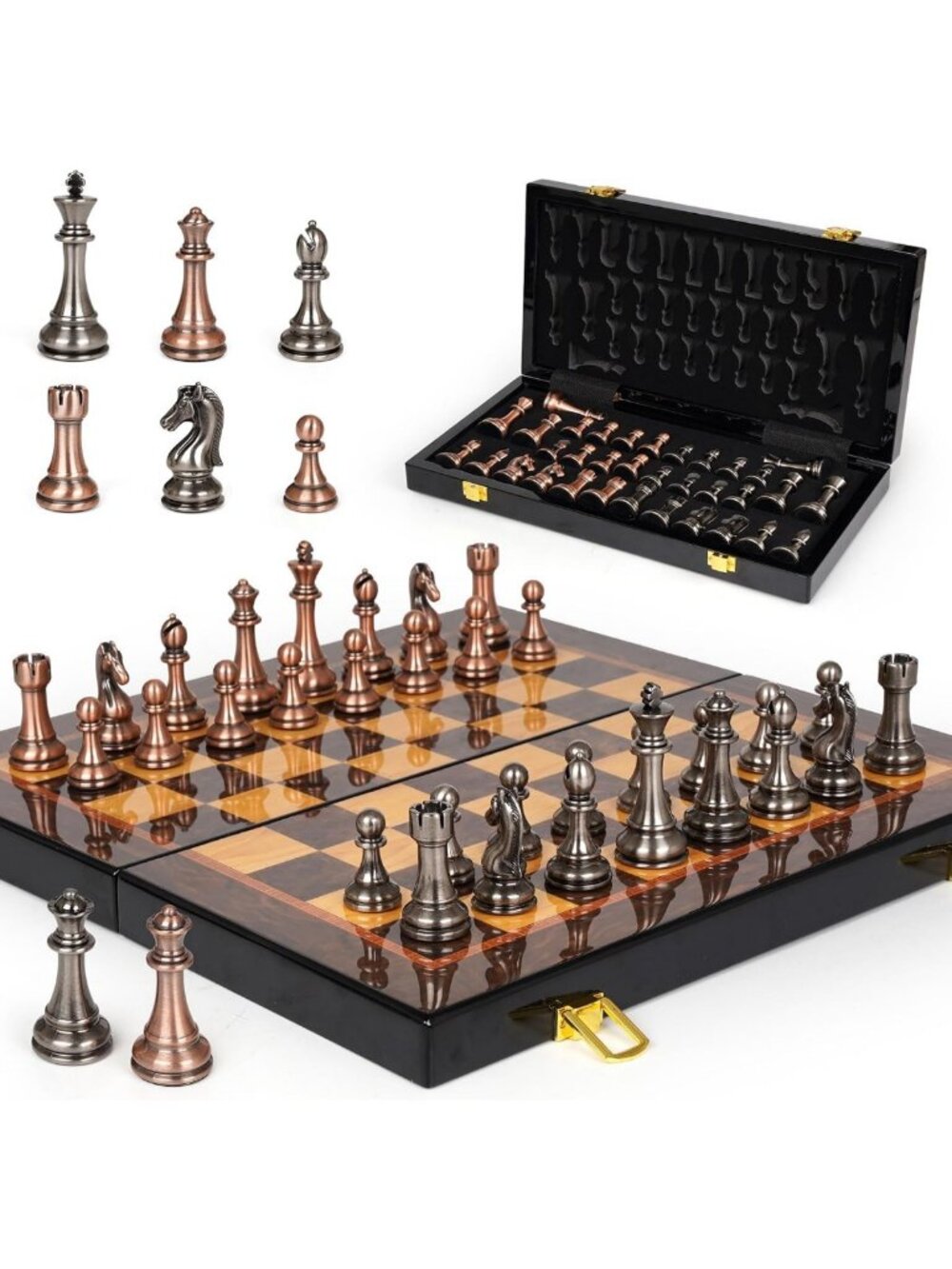 Elegant Metal Chess Set with 15" Wooden Board | Weighted Pieces & 2 Extra Queens